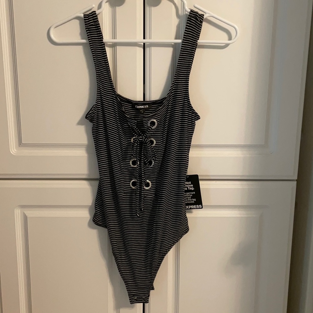 Black and white stripe lace up express bodysuit
